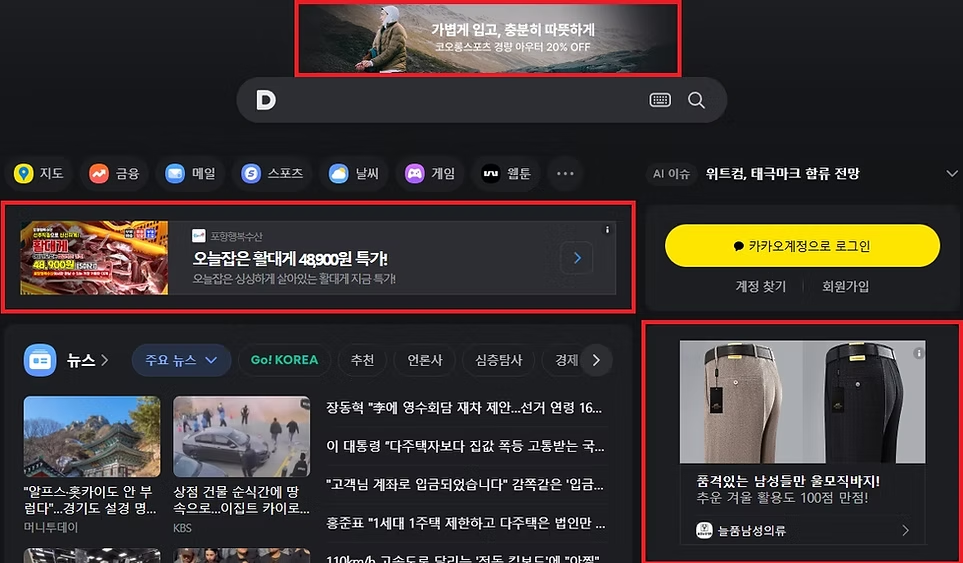 다음 디스플레이 광고 구좌 예시